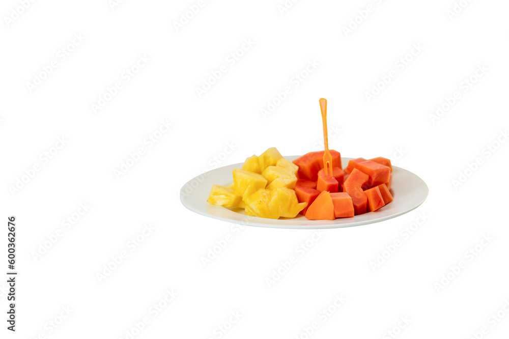Pine apple and papaya slice in bowl. Pine apple and papaya slice in bowl.