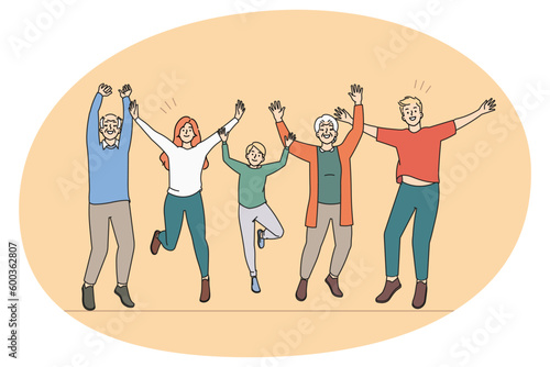 Overjoyed three generations of family have fun jump and laugh together. Smiling kids, parents and grandparents celebrate success feel joyful and excited. Flat vector illustration.