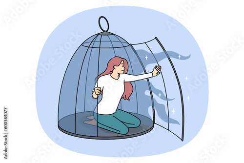 Happy young woman come out of cage recover from depression or mental issue. Smiling girl free from birdcage take new opportunities. Freedom and rehabilitation. Vector illustration.