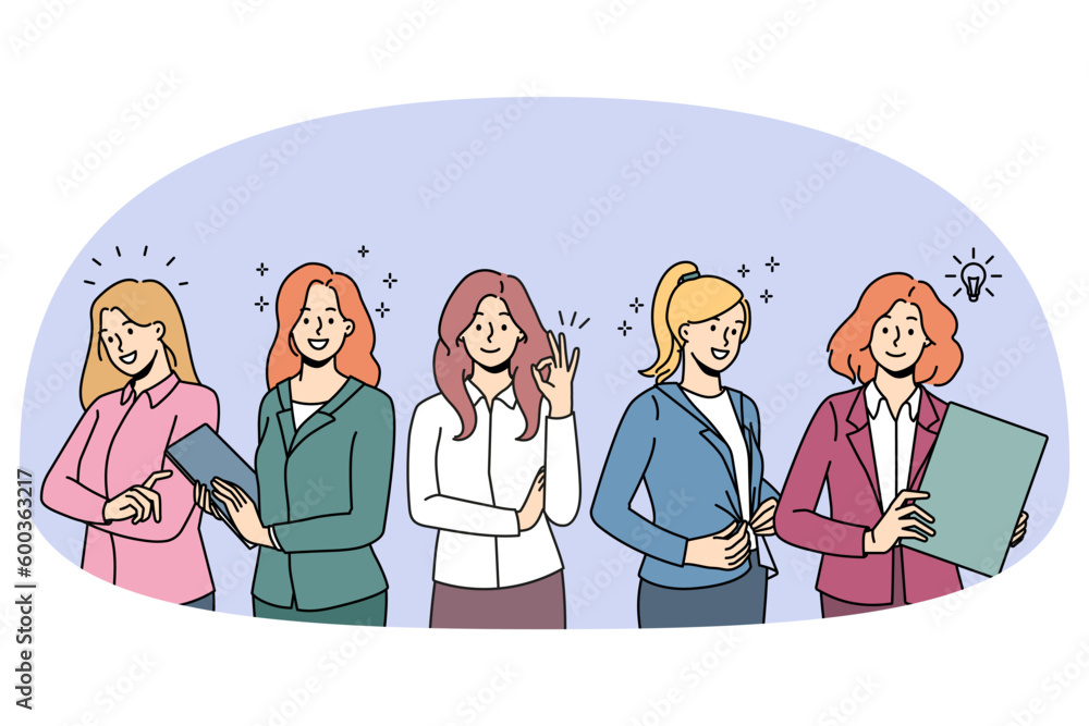 Diverse businesswomen in formalwear feel confident and successful at workplace. Female business group or team show leadership and unity. Feminism and employment. Vector illustration. Diverse businesswomen in formalwear feel confident and successful at workplace. Female business group or team show leadership and unity. Feminism and employment. Vector illustration.