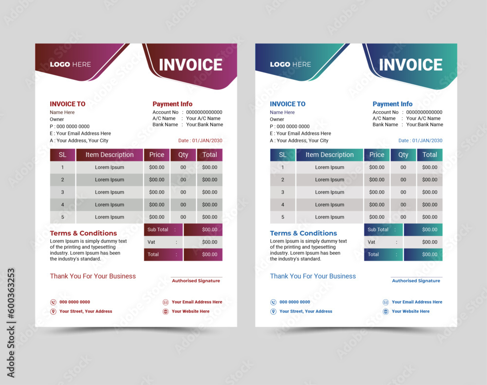 Vector professional and modern invoice template design.