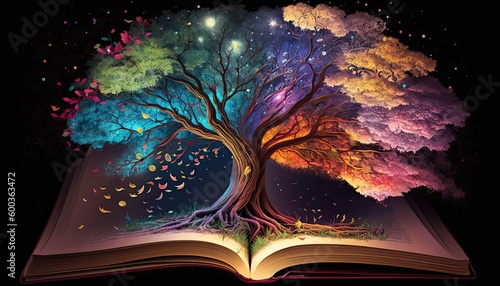 Beautiful multicolored colorful tree grows on open magic book. 