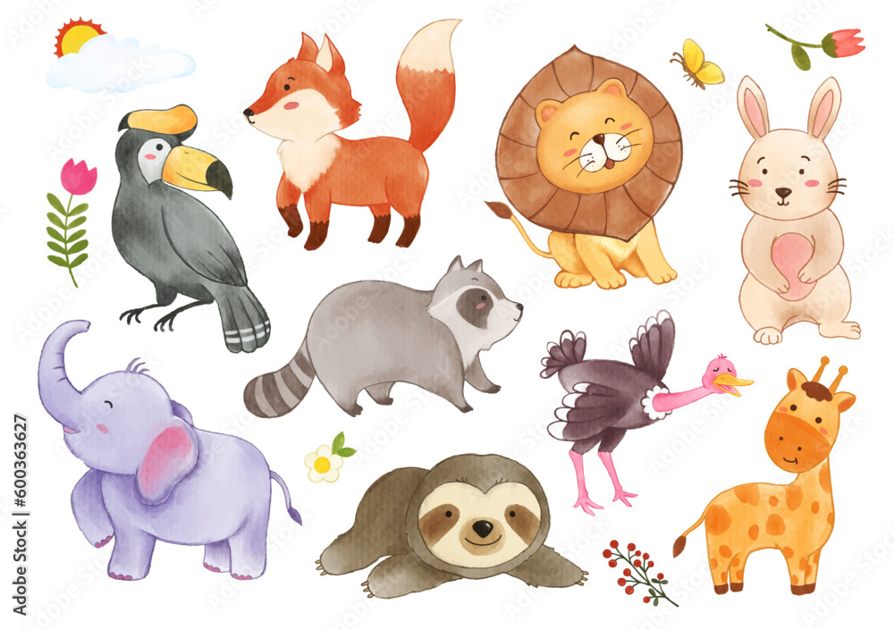 Naklejka premium Collection of wildlife animals and plant elements . Watercolor painting cartoon character design . Vector .