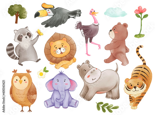 Fototapeta Naklejka Na Ścianę i Meble -  Collection of wildlife animals and plant elements . Watercolor painting cartoon character design . Vector .