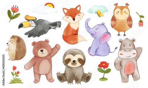 Fototapeta Naklejka Na Ścianę i Meble -  Collection of wildlife animals and plant elements . Watercolor painting cartoon character design . Vector .