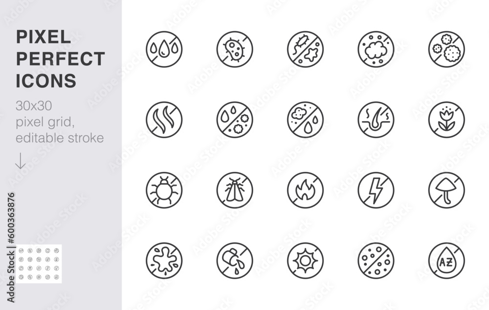 Fabric material protection line icon set. Sweat resistant, antibacterial proof, antistatic minimal vector illustration. Simple outline sign for clothing material. 30x30 Pixel Perfect, Editable Stroke - obrazy, fototapety, plakaty 