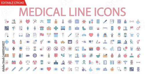 Medical Vector Icons Set. Line Icons, Sign and Symbols in Outline Fill Design Medicine and Health Care with Elements for Mobile Concepts and Web Apps. Collection Modern Infographic Logo and Pictogram