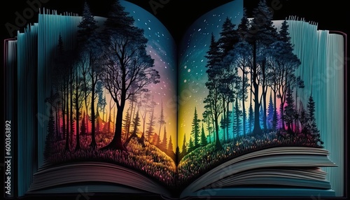 Magical forest of pine trees popping out of a childrens book.