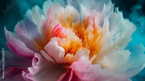 This is a close-up photograph of a peony flower set against a rainbow patchwork background, with a colorful pastel neon mist creating a foggy atmosphere around it. Generative AI photo