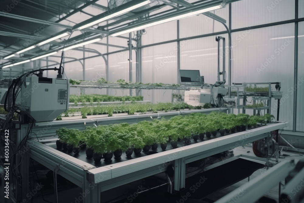 Technology automation of agriculture. System control robot during quality control and harvesting hydroponic vegetables in a greenhouse.