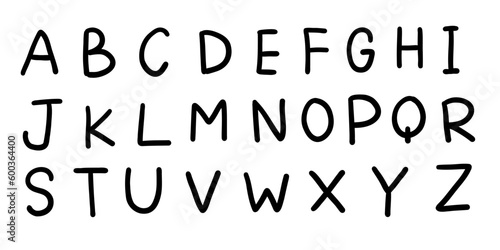 Irregular shapes black english latin abc alphabet font A to Z. Vector illustration in handmade doodle, handwritten doodle style isolated on white background. For learning, wedding invitation, card.