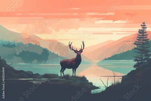 Deer on the mountain landscape illustration