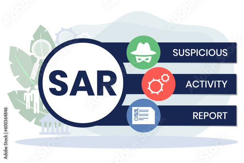 sar - suspicious activity report acronym. business concept background. vector illustration concept with keywords and icons. lettering illustration with icons for web banner, flyer photo