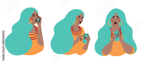 Pack de Ilustraciones iconos de mujer joven moderna. Recurso gráfico, mujer con teléfono móvil, estilo contemporáneo