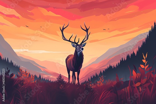 Deer on the mountain landscape illustration