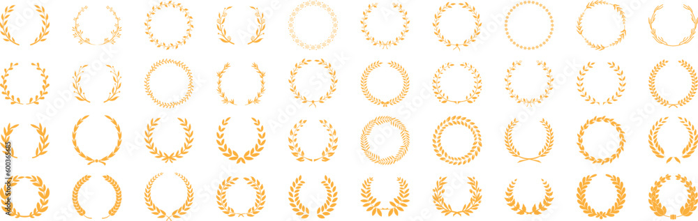 Golden laurel wreath round frame set. Rings with gold leaves. Roman circular badge for anniversary, wedding, award isolated on dark background. Vector illustration - obrazy, fototapety, plakaty 