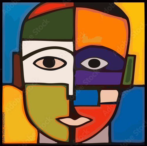 Illustration Art Style Cubiste Tête Homme Visage Couleurs Expression Tableau Peinture Moderne Dessin Fragments Psychologie