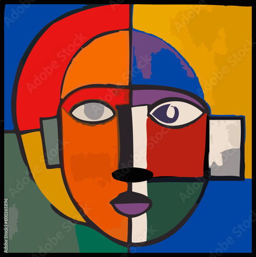 Illustration Art Style Cubiste Tête Femme Visage Couleurs Expression Tableau Peinture Moderne Dessin Fragments Psychologie