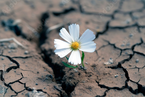 A revival of new life in the desert: a single white daisy  flower grew from a crack in dry soil, a generative AI illustration  © Olena Panasovska