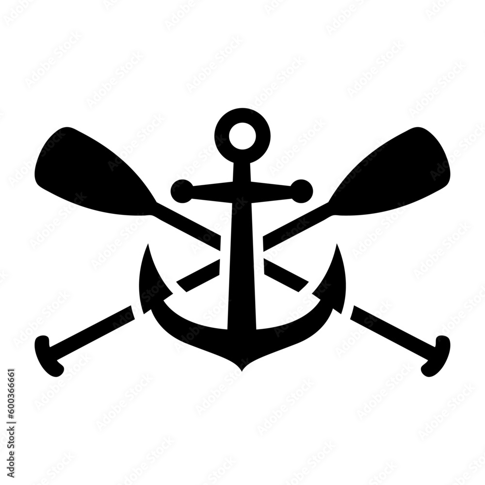 Logo nautical. Silueta de ancla de barco con remos cruzados de kayak, canoa  o paddle surf Stock Vector