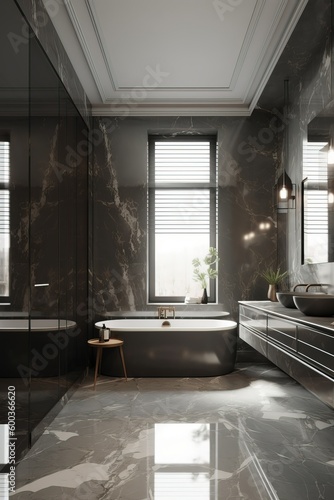 Luxury bathroom in dark gray and white colors, Glossy marble. Generative Ai