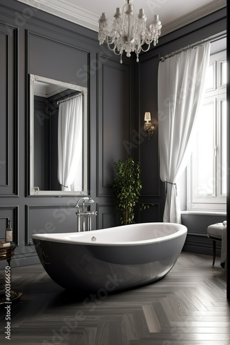 Luxury bathroom in  dark gray and white colors   Glossy marble. Generative Ai