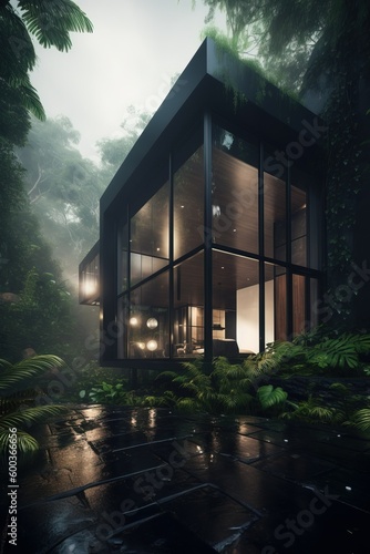 Beautiful luxutyous house with large windows in the jungle, with green vegetations, trees . Generative Ai