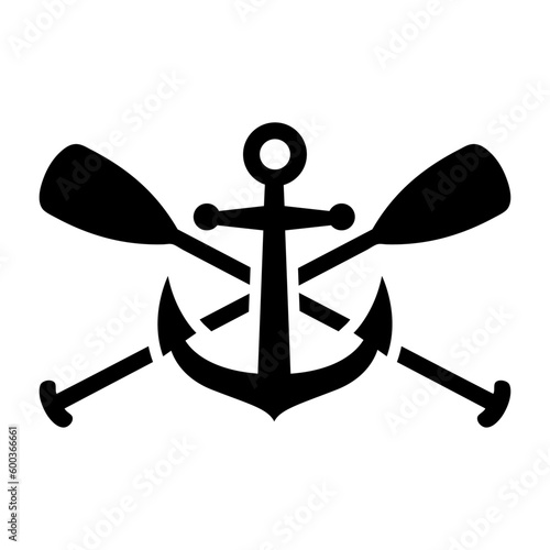 Logo nautical. Silueta de ancla de barco con remos cruzados de kayak, canoa o paddle surf