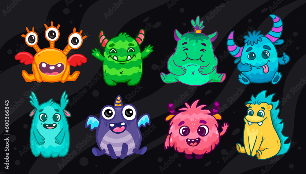 set of funny cartoon monsters. Cute Monsters on black background. Kids character design for posters, baby products and packaging design. Happy Halloween. set of funny cartoon monsters. Cute Monsters on black background. Kids character design for posters, baby products and packaging design. Happy Halloween.