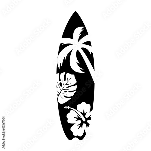 Logo club de surf. Tabla de surf con plantas tropicales en espacio negativo