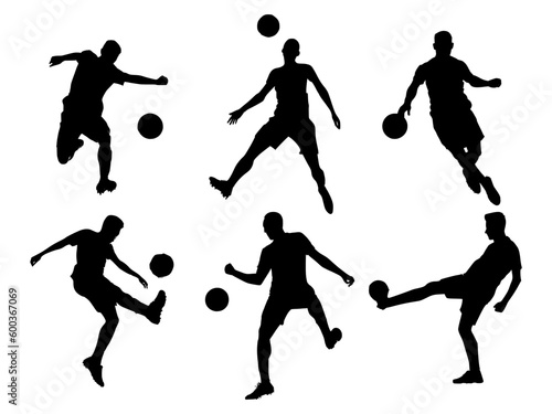 set of soccer player silhouettes in varied poses on isolated background