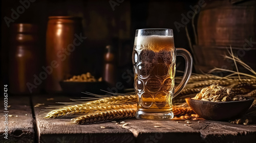 Glass of beer with wheat on wooden background. Ai generated photo