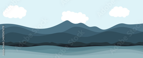 Minimal landscape illustration with mountains, sky and cloud, wave ocean, lake or bay. Design element for poster, flyer, presentation, brochure and banner. Flat vector illustration