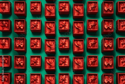 Red gift boxes on green background in a repeating pattern. 3D illustration. Generative AI