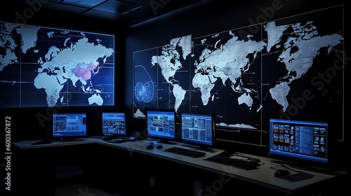 Global map display in control room created by generative AI