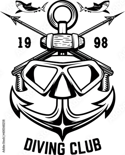 Vintage diver mask with anchor and sharks. Nautical sailor helmet with anchor. Sailor emblem. Design element