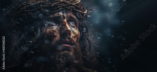 Jesus Christ wearing crown of thorns Passion and Resurection. jesus day holy,Easter card, Good Friday.thanksgivings, Generative AI.