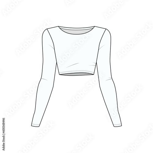 Sketch of a women's cropped sweatshirt with long sleeves, vector. Crop top template with long sleeves. Outline drawing of a white sports jersey.