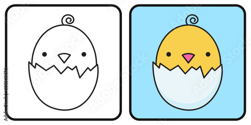 Coloring book for children. Coloring page. A chick peeks out of an eggshell. A newborn chick. Vector illustration.