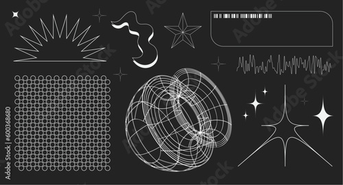 Super trendy geometric Y2K brutalism styled linear shapes. Set including stars, deformation, bubbles, arrows and other trendy shapes.