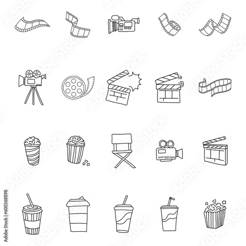 Cinema in doodle style. Making movie, film, tv, video concept. Hand drawn vintage vector illustration