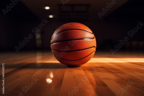 Orange basketball rests on wooden floor. Generative AI