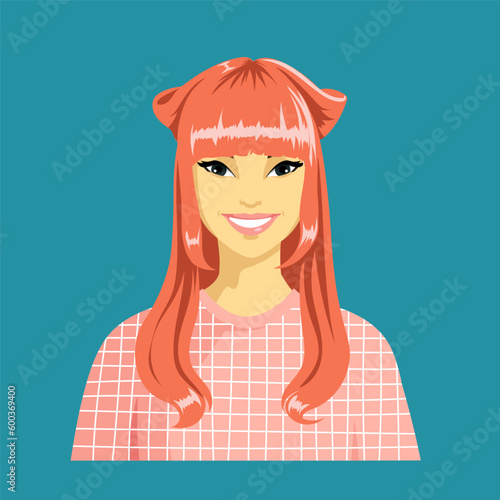 Portrait of a girl with pink hair. Asian appearance. Young woman with loose long hair, bangs and ears. Dressed in pink clothes. Avatar on a blue background. Cartoon, vector.