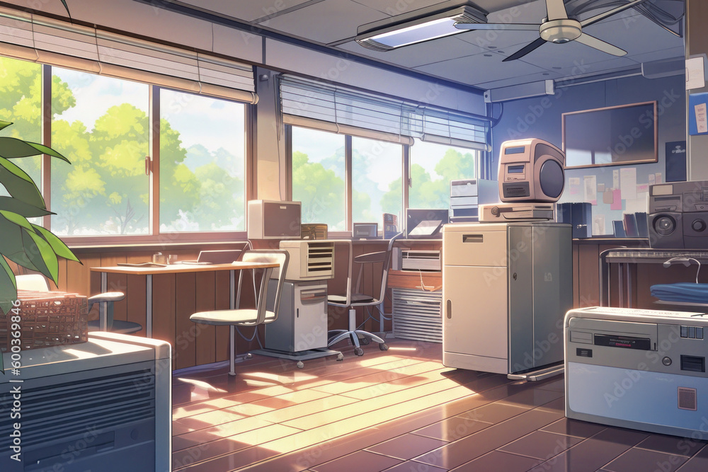 Obraz premium Office interior with bright afternoon sunlight coming in from window, Generative AI