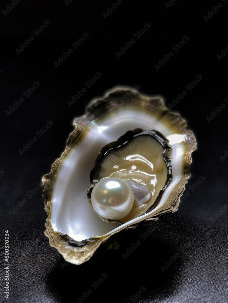 Oyster with a pearl on black. Generative AI Oyster with a pearl on black. Generative AI