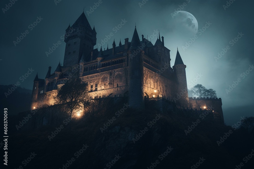 Eerie atmosphere of a nocturnal castle, ideal for a spooky Halloween setting. Generative AI