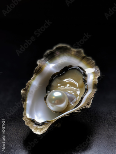Oyster with a pearl on black. Generative AI