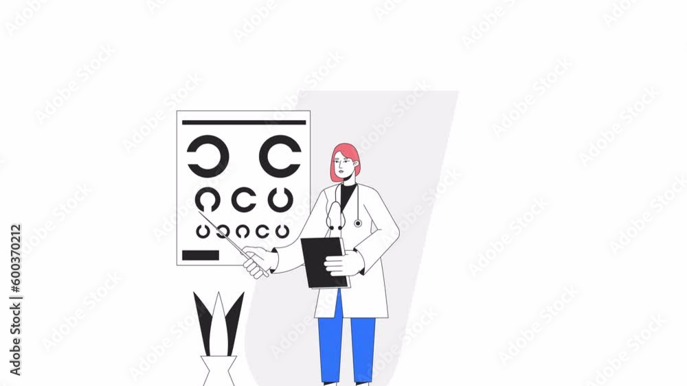Ophthalmology animation. Animated asian woman eye doctor 2D cartoon