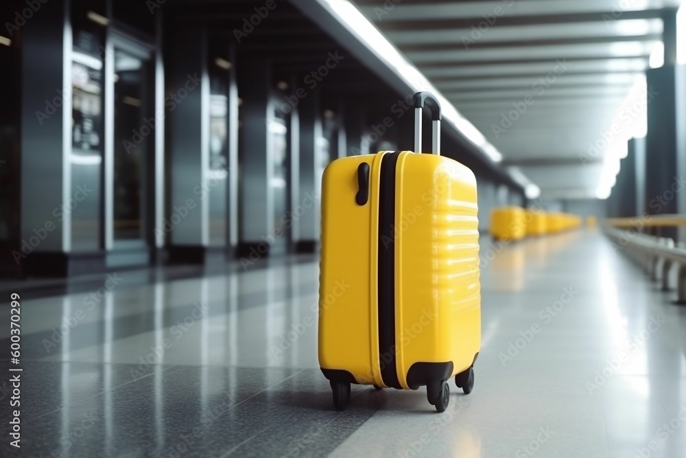 A yellow suitcase sitting in an airport terminal, Generative AI