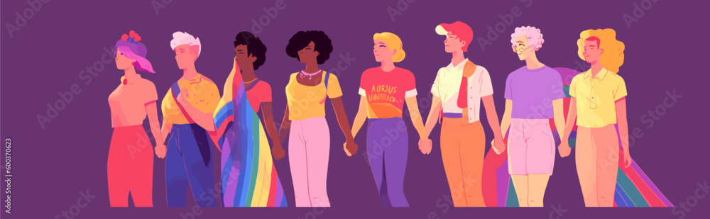 A crowd of people with an LGBTQ+ flag. Human rights peaceful protest. Rainbow banner vector LGBT pride month illustration
A crowd of people with an LGBTQ+ flag. Human rights peaceful protest. Rainbow banner vector LGBT pride month illustration